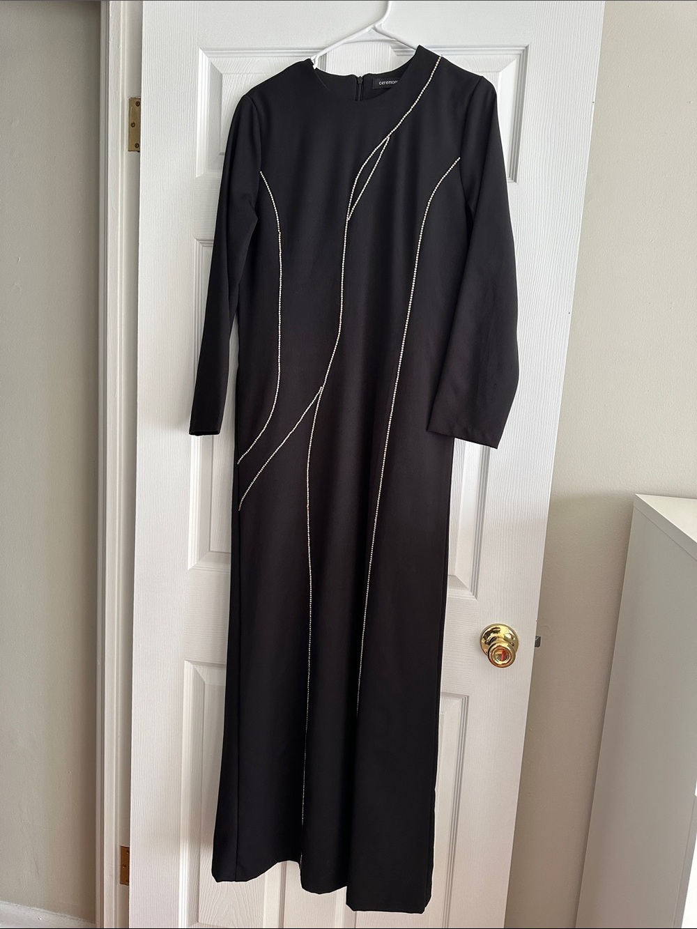 Connie Black Long Sleeve Maxi Dress with Silver Chain Trim